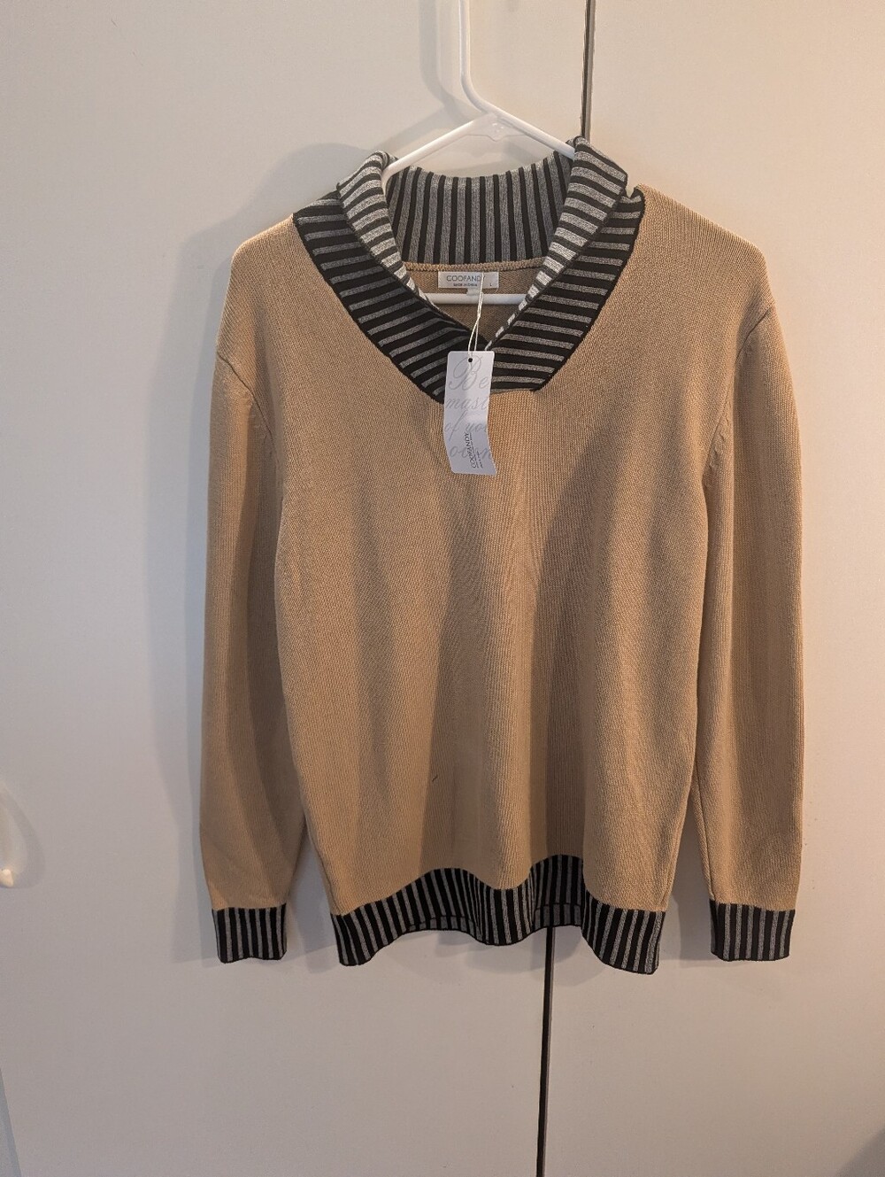Coofandy Mens  Large Classic Tan V-Neck Sweater with Striped Collar - NWT